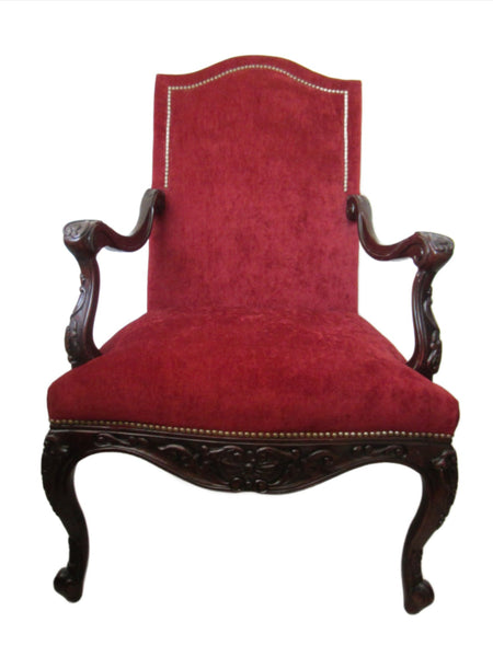 Studded Red Fabric Bassett Arm Chair Dark Wood Scrolled High Back - Designer Unique Finds 
 - 1