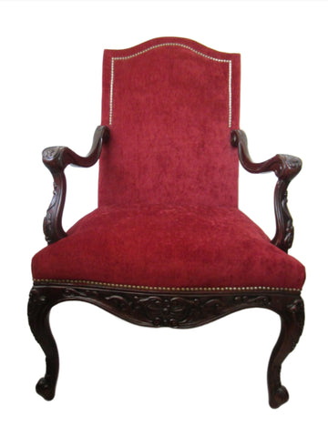 Studded Red Fabric Bassett Arm Chair Dark Wood Scrolled High Back - Designer Unique Finds 
 - 1