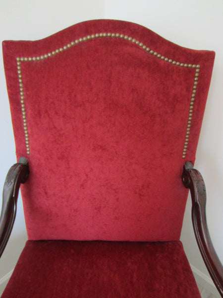 Studded Red Fabric Bassett Arm Chair Dark Wood Scrolled High Back - Designer Unique Finds 
 - 2