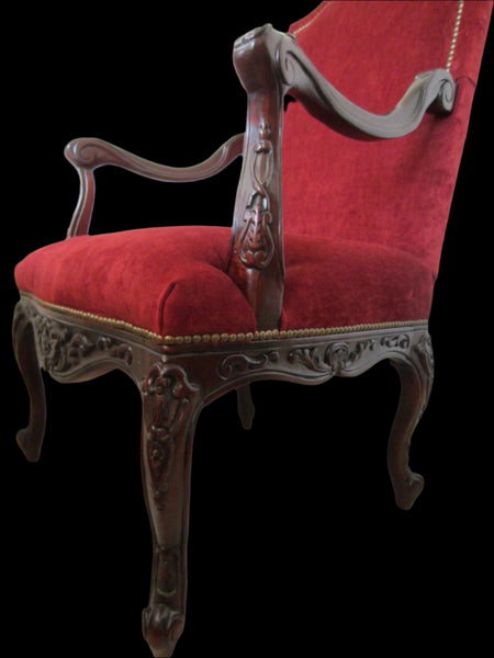 Studded Red Fabric Bassett Arm Chair Dark Wood Scrolled High Back - Designer Unique Finds 
 - 3