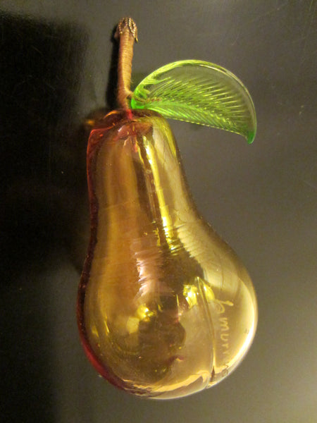La Murina Signed Glass Golden Pear Green Leaf Ornament - Designer Unique Finds 