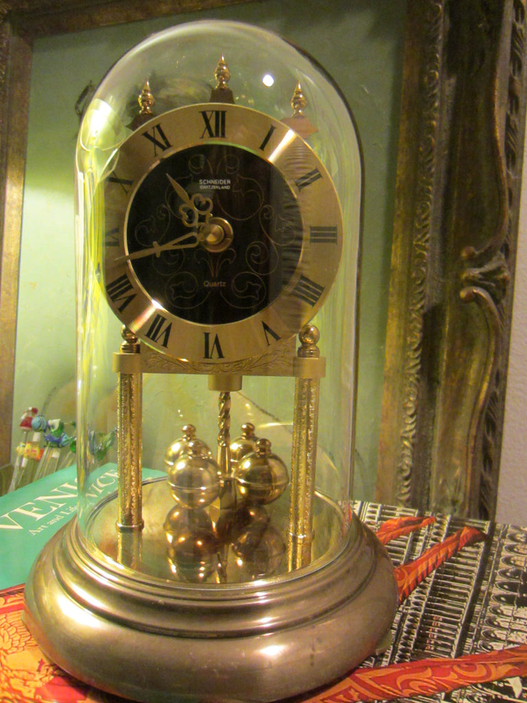 Schneider Switzerland West Germany Pendulum Anniversary Clock Glass Dome - Designer Unique Finds 