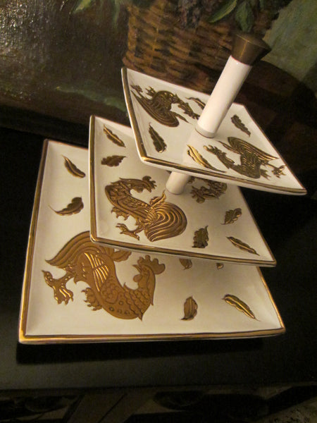 Italian Tiered Porcelain Serving Trays Signed Centerpiece Embossed Gold Roosters - Designer Unique Finds 