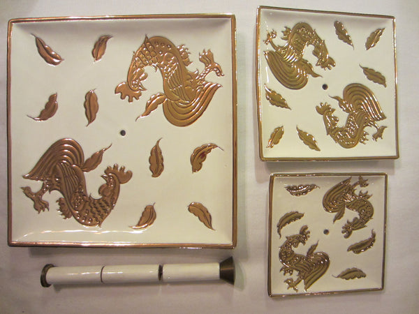 Italian Tiered Porcelain Serving Trays Signed Centerpiece Embossed Gold Roosters - Designer Unique Finds 