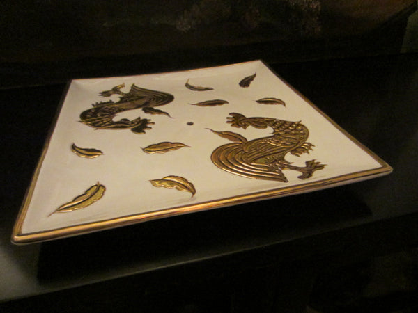 Italian Tiered Porcelain Serving Trays Signed Centerpiece Embossed Gold Roosters - Designer Unique Finds 