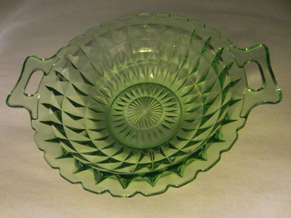 Jeanette Windsor Bowl Diamond Green Glass W Handles - Designer Unique Finds 