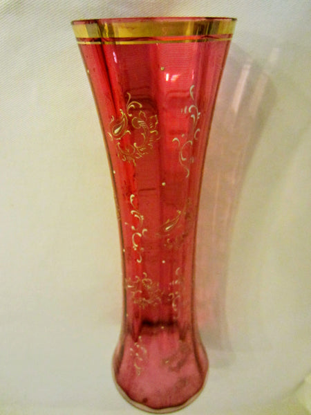 Monumental Bohemian Pink Glass Vase Gold Flowers Enameling Rim