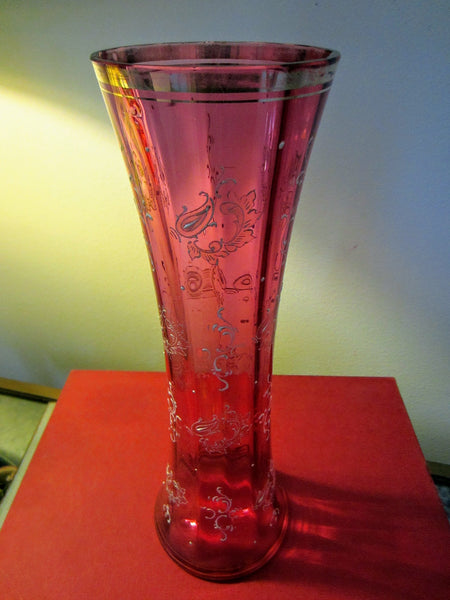 Monumental Bohemian Pink Glass Vase Gold Flowers Enameling Rim