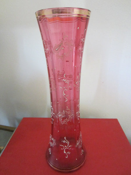 Monumental Bohemian Pink Glass Vase Gold Flowers Enameling Rim