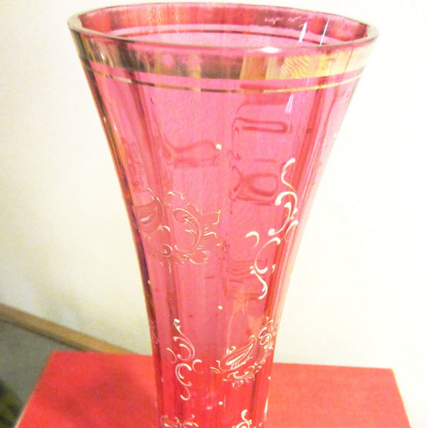 Cranberry Glass Vase Hand Blown Enamelled Attributed To Moser - Designer Unique Finds 
 - 1