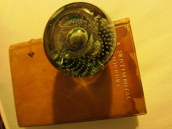 Green Glass Controlled Bubbles Paperweight Metal Patina topper - Designer Unique Finds 