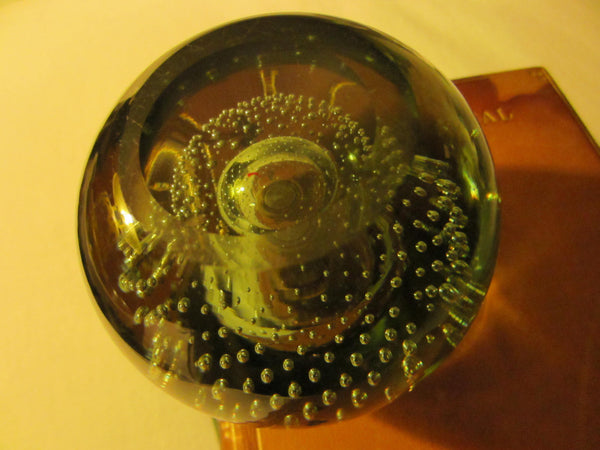 Green Glass Controlled Bubbles Paperweight Metal Patina topper - Designer Unique Finds 