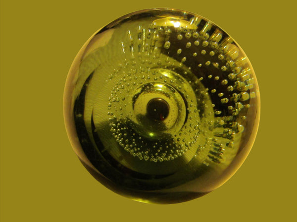Green Glass Controlled Bubbles Paperweight Metal Patina topper - Designer Unique Finds 