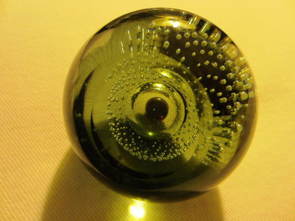 Green Glass Controlled Bubbles Paperweight Metal Patina topper - Designer Unique Finds 