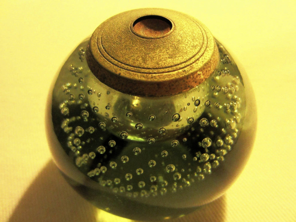 Green Glass Controlled Bubbles Paperweight Metal Patina topper - Designer Unique Finds 