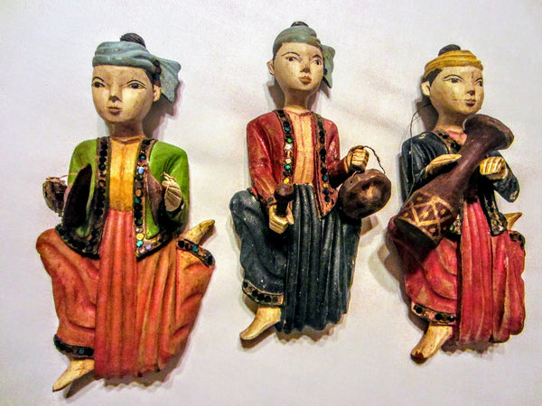 Indonesian Musicians Hand Carved Colored Sculptures Decorated Mirrors