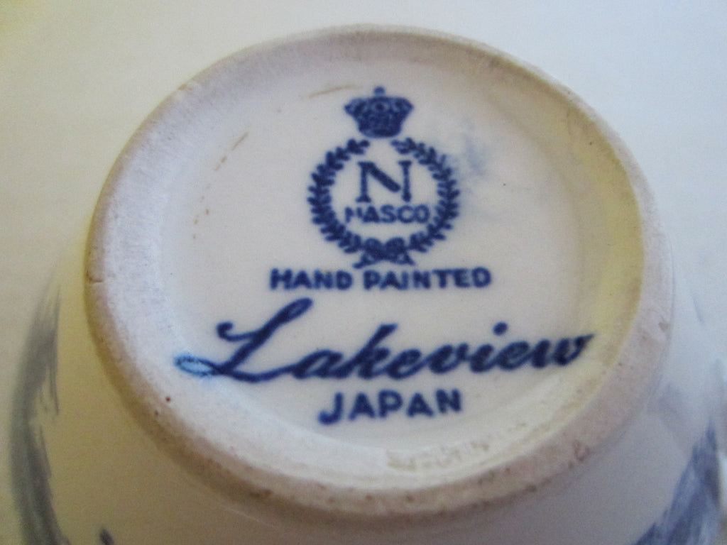 Nasco Japan Lake View Hand Painted Blue White Teacups Designer Unique
