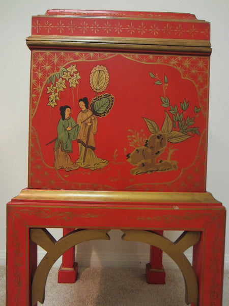 Asian Painted Wood Box On Table Stand Gilt Decorated Enameled Figures - Designer Unique Finds 
 - 11