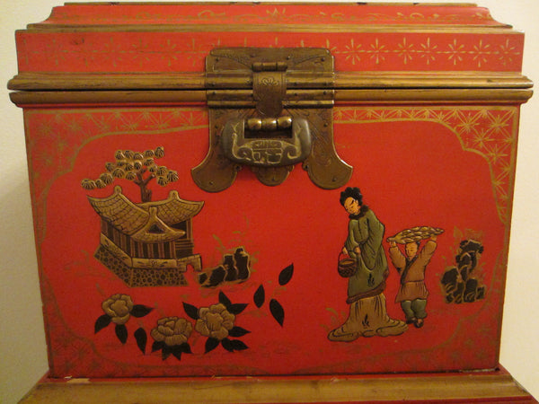 Asian Figurative Chinoiserie Red Cabinet On Stand Brass Closure