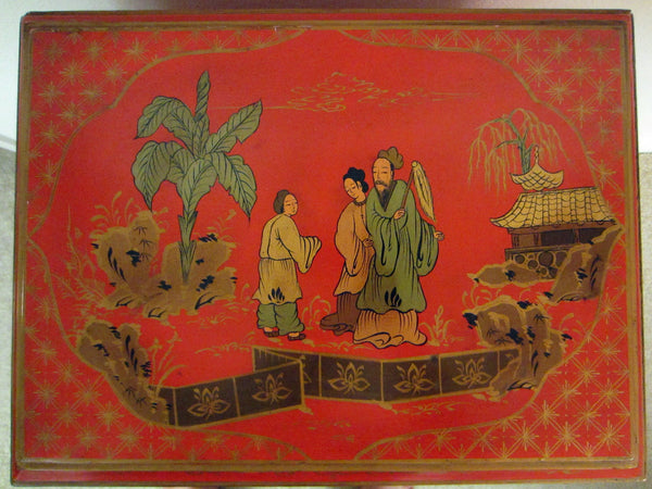 Asian Figurative Chinoiserie Red Cabinet On Stand Brass Closure