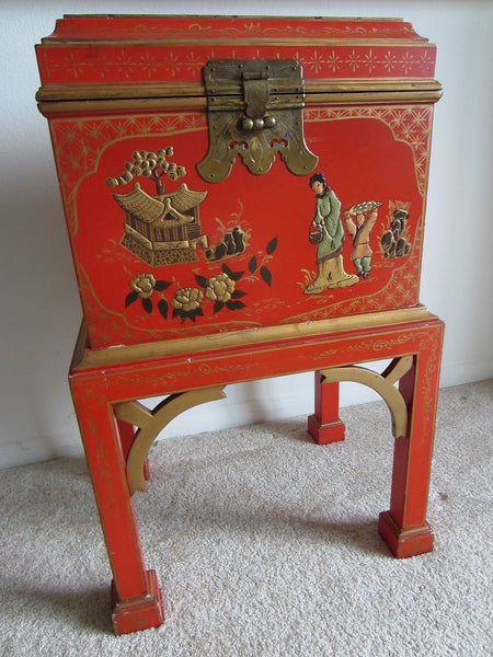 Asian Painted Wood Box On Table Stand Gilt Decorated Enameled Figures - Designer Unique Finds 
 - 1