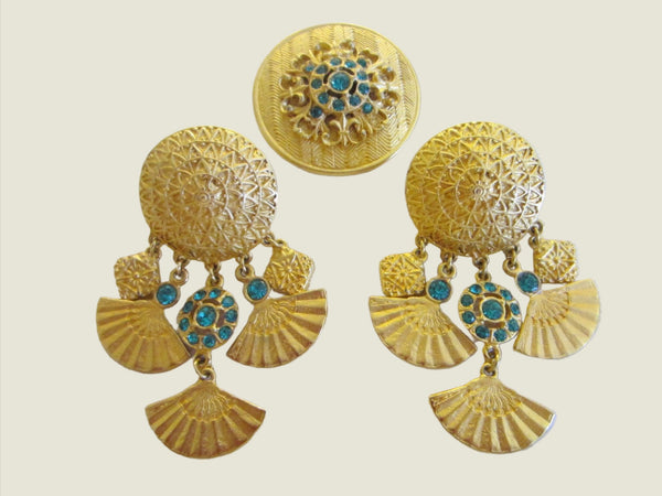 Eastern Inspire Jewelry Brass Brooch Earrings Blue Stones - Designer Unique Finds 
 - 1