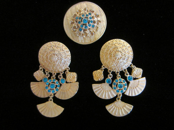 Eastern Inspire Jewelry Brass Brooch Earrings Blue Stones - Designer Unique Finds 
 - 3