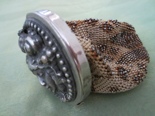 Victorian Bacchus Silver Plated Crochet Micro Beads Coin Purse