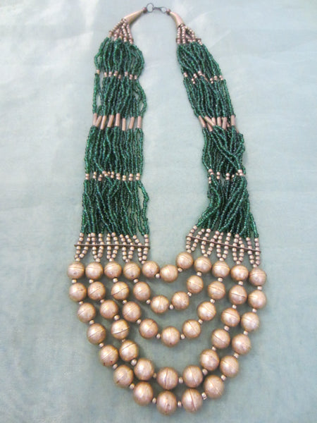 Tribal Beaded Green Gold Handwork Multistrands Necklace - Designer Unique Finds 
 - 2