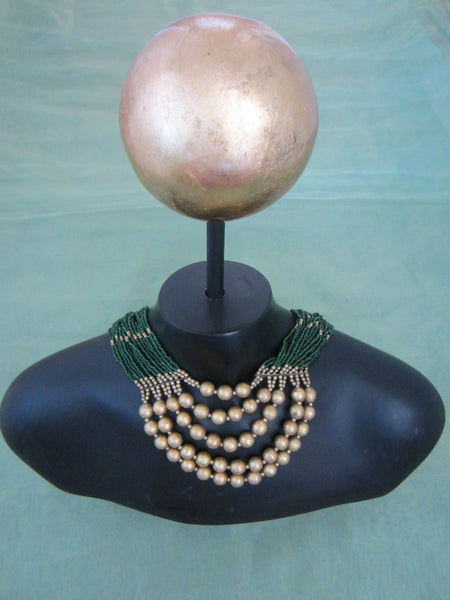Folk Art Tribal Golden Necklace Green Micro Beads Strands