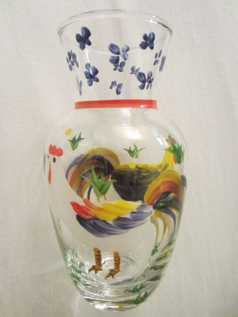 Glass Carafe Hand Painted Roosters Floral Decanter Vase