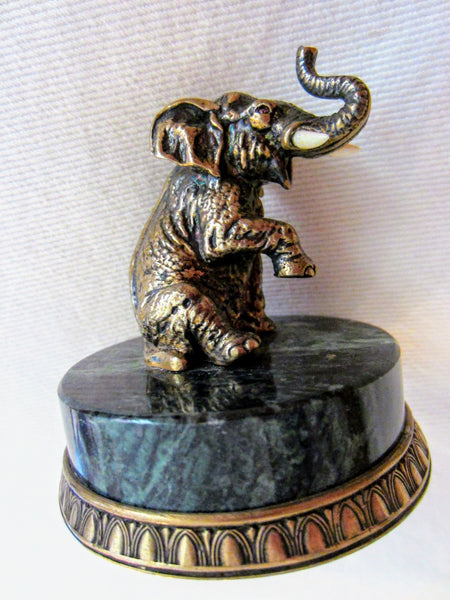Sterling Gilded Elephant On Green Marble Base Ruby Eyes
