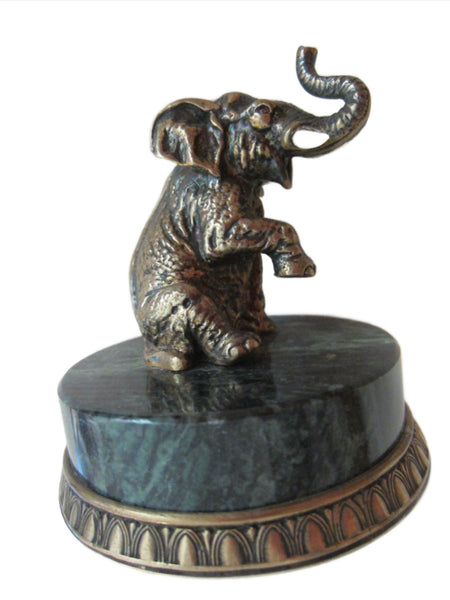 Bronze Elephant On Green Marble Base 925 Sterling Marks - Designer Unique Finds 