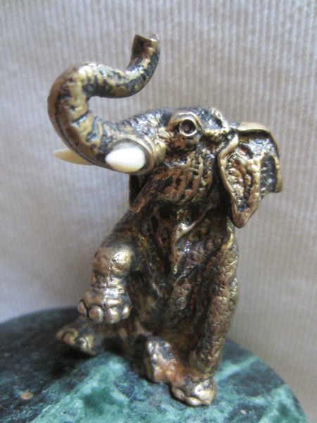 Russian Bronze Elephant On Green Marble Base With 925 Sterling Marks - Designer Unique Finds 
