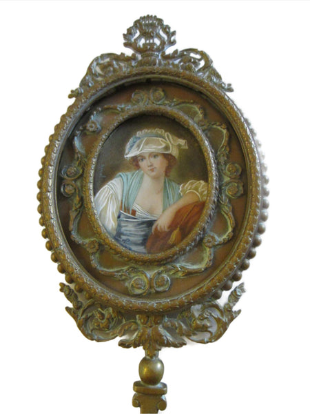 Victorian Bronze Hand Held Mirror Case Signed Derval Portrait Painting - Designer Unique Finds 