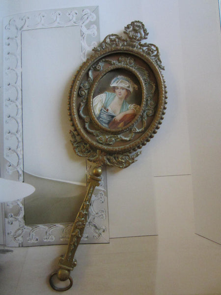 Victorian Derval Portrait Bronze Hand Held Mirror Case - Designer Unique Finds 