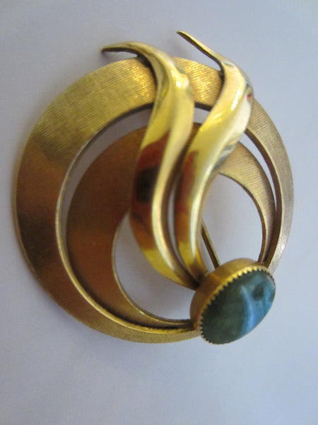 HG Gold Filled Signed Brooch Decorated Green Stone - Designer Unique Finds 
 - 2