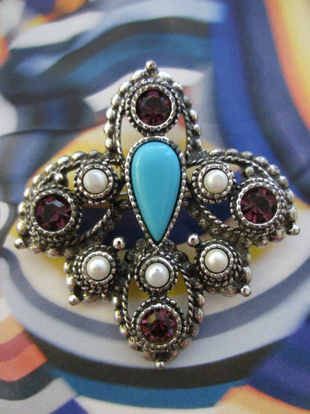 Sarah Coventry Brooch Turquoise Cabochon - Designer Unique Finds 
 - 2