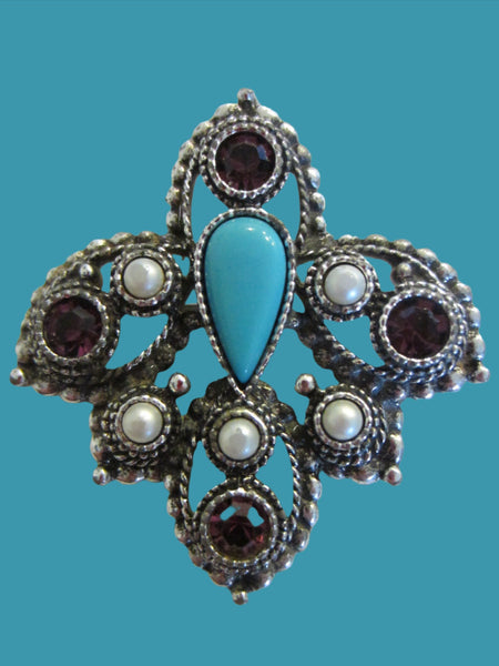 Sarah Coventry Brooch Turquoise Cabochon - Designer Unique Finds 
 - 5