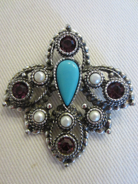 Sarah Coventry Brooch Turquoise Cabochon - Designer Unique Finds 
 - 5