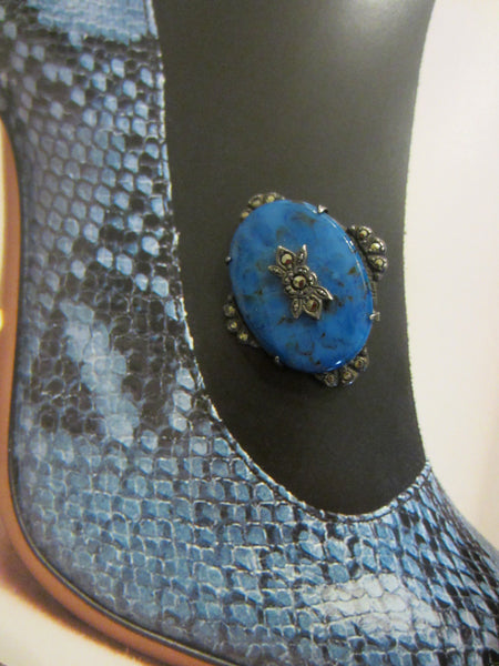 Sterling Brooch Marcasite Blue Lapis Cabochon - Designer Unique Finds 
 - 2