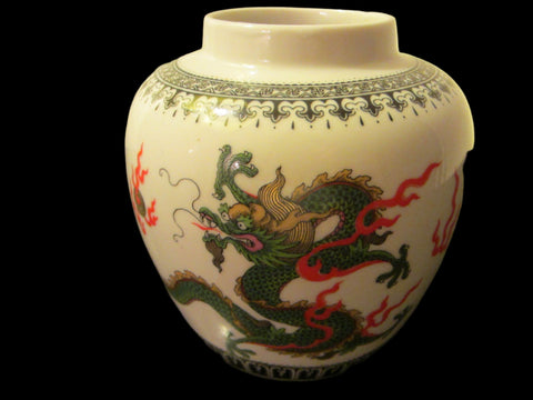 Oriental Porcelain Transfer Ware Vase Decorated Dragon Black Calligraphy - Designer Unique Finds 