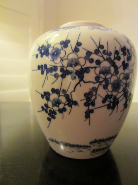 Wales Japan Porcelain Vase Blue Floral Transfer On White Chinoiserie - Designer Unique Finds 