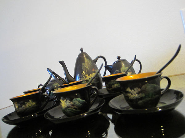 Asian Antique Black Gold Lacquer Tea Service Hand Painted Botanical