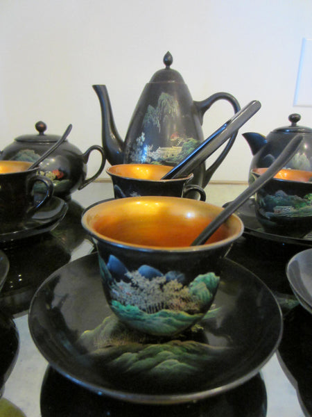 Antique Asian Black Lacquer Hand Painted Tea Service Gold Decorated - Designer Unique Finds 