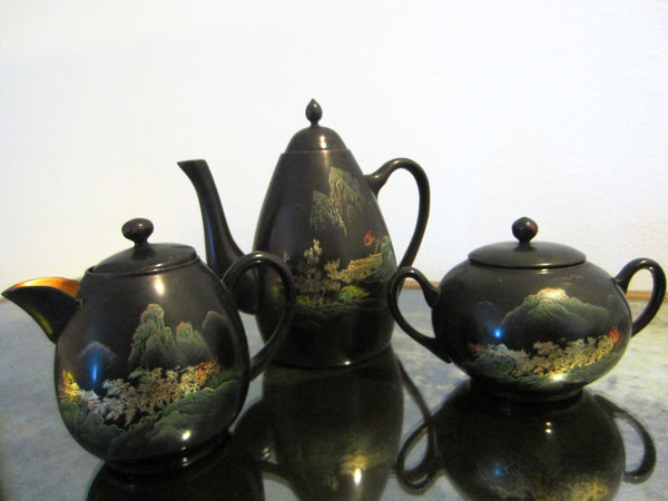 Antique Asian Black Lacquer Hand Painted Tea Service Gold Decorated - Designer Unique Finds 