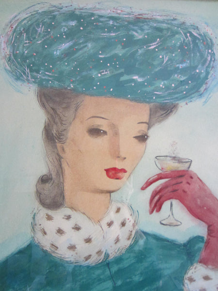 The Cocktail Hour Titled by Wayne Terry Watercolor Signed Portrait - Designer Unique Finds 