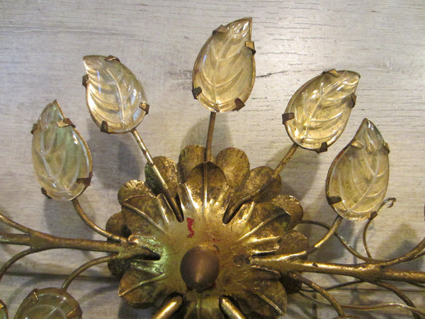 Italian Tole Light Sconce Glass Petals Brass Leaves Wall Art - Designer Unique Finds 