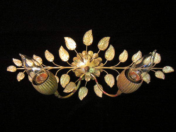 Italian Tole Light Sconce Glass Petals Brass Leaves Wall Art - Designer Unique Finds 