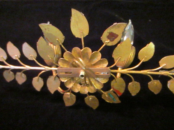 Italian Tole Light Sconce Glass Petals Brass Leaves Wall Art - Designer Unique Finds 